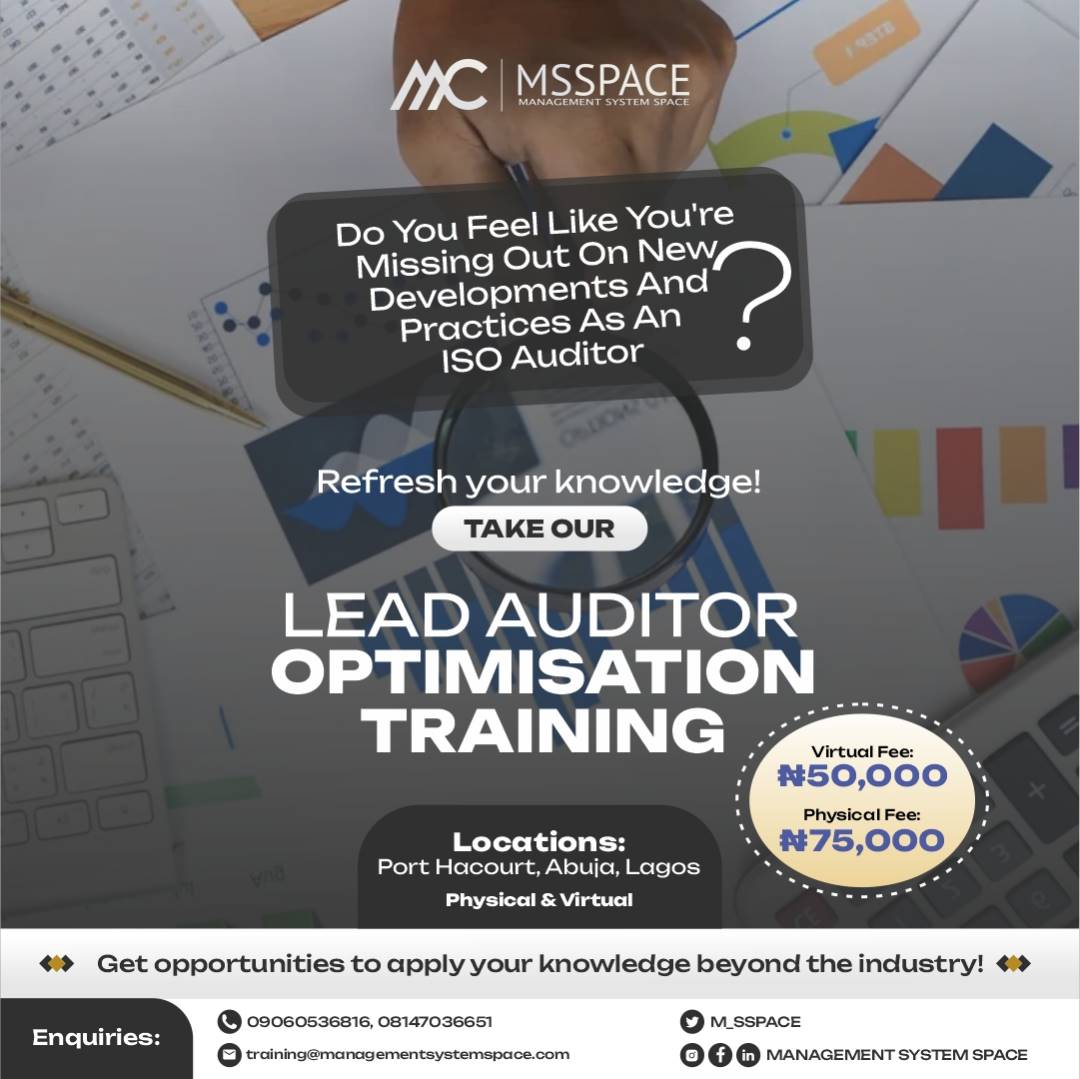 Do you feel left out on new developments and audit practices? Cheer up!
The Lead optimization training is tailored to refresh your knowledge and make you approach new opportunities with confidence.

CALL US ON: 09060536816 or 08147036651 TO REGISTER.
#training #isocertification