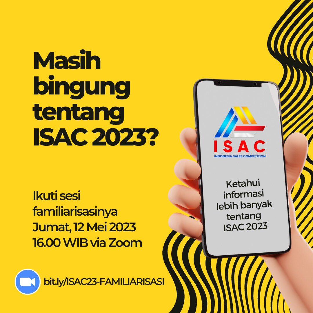 SeasacP's tweet photo. Yuk ikutan sesi familiarisasi yang disiapkan panitia pada Jumat, 12 Mei 2023 jam 16.00 WIB melalui zoom meeting (https://t.co/923PNojG0N).

Materinya bisa juga diakses melalui https://t.co/1VUKzB7TKz
Persiapkan dirimu untuk ISAC 2023! 

#isac2023
#seasacproject 
#salescompetition https://t.co/zQkljUDlOf