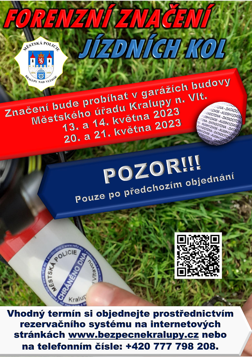 libcice's tweet photo. Městská policie Kralupy nad Vltavou nabízí ve dnech 13., 14. a 20., 21. května značení jízdních kol syntetickou DNA. Značení a registrace je zdarma a trvá přibližně 15 minut. Je nutné se na konkrétní termín dopředu přihlásit prostřednictvím rezervačního systému. https://t.co/HFHF4MRr4S