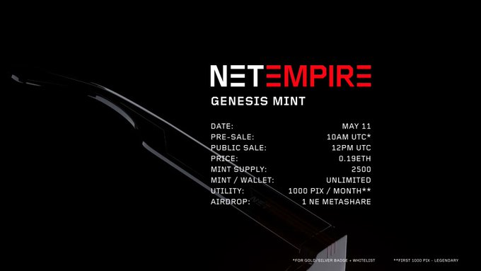 Smart_NFT_News's tweet photo. 🎉 @Planetix0 NETEMPIRE Genesis NFT Mint will goes LIVE on May 11!

🎆 #PlanetX is an NFT-based strategy game, Owning a #NETEMPIRE Genesis NFT grants you one NetEmpire MetaShare.

🔽INFO
https://t.co/JVPZgYmmyG

#SNN1 #NFT https://t.co/k7BIu3E17c