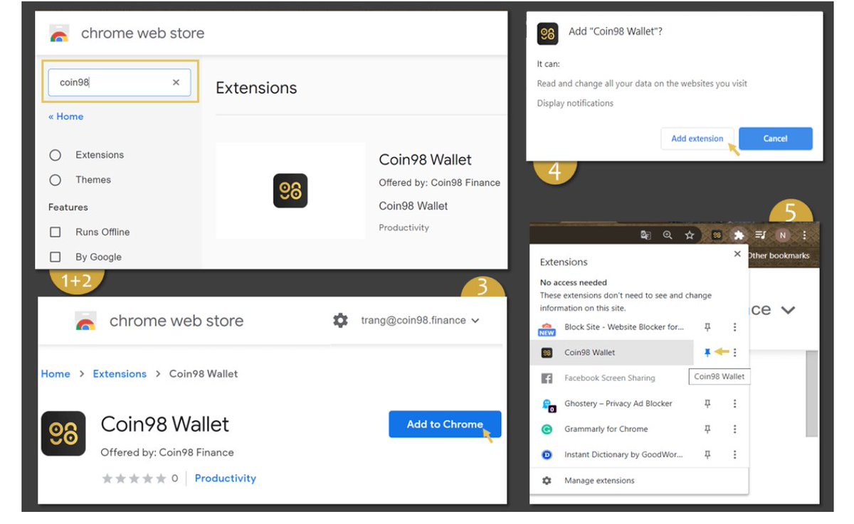 2/ Get #Coin98Wallet on your extension: 

⚡️Download chrome.coin98.com 
✅Click Add to Chrome
✅Please read the information carefully on the pop-up notification, then Confirm.
✅Pin Coin98 Extension for easy access on the next visit.