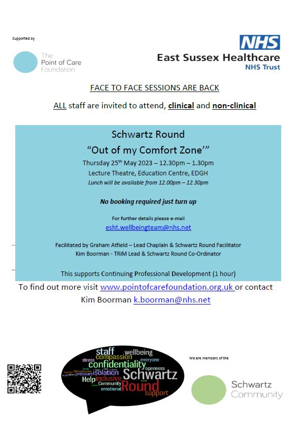 ESHT_people's tweet photo. #SchwartzRounds are an opportunity to "feel connected to those telling their stories and other listeners".  The next Schwartz Round is taking place on the 25th May at EDGH Lecture theatre where lunch will be available from 12pm.  You do not need to book, just turn up. 

@ESHTNHS https://t.co/8B5iVRTsOv