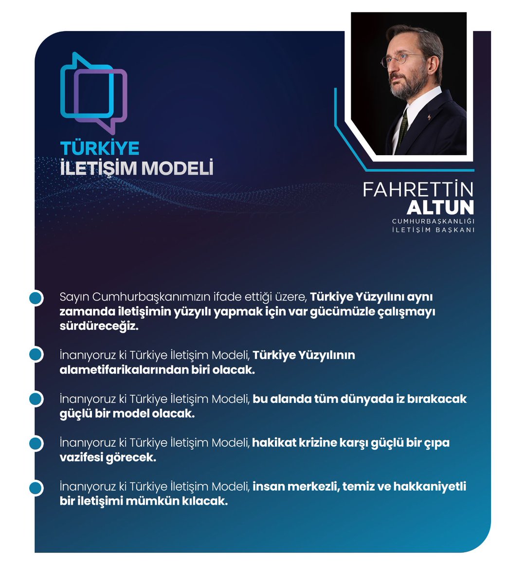 İletişim Başkanı Fahrettin Altun (<a href="/fahrettinaltun/">Fahrettin Altun</a>):

"İnanıyoruz ki Türkiye İletişim Modeli, insan merkezli, temiz ve hakkaniyetli bir iletişimi mümkün kılacak."

#TürkiyeiletişimModeli

📌 Türkiye Yüzyılı