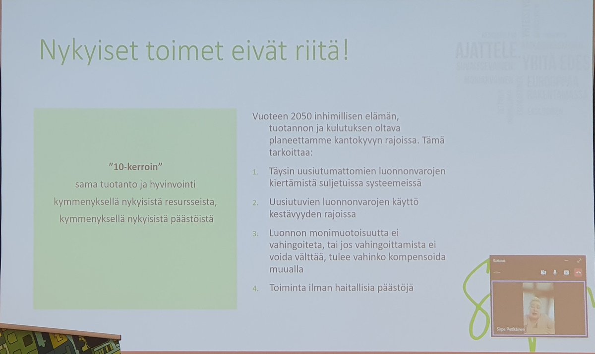 KaretieSimo's tweet photo. Vuonna 2050 sama tuotanto ja hyvinvointi tuotettava kymmenyksellä nykyisistä resursseista ja päästöistä, toteaa Sirpa Pietikäinen #backcasting tarvitaan. #kiertotalous #biotalous https://t.co/q8Wjfh5I6F