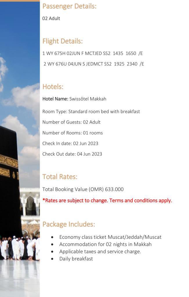 tradermsh's tweet photo. @omanair @AAzizAlraisi الحمدلله وصل العرض
حسب المرفق 
عمرة يومين مع فندق ٦٣٣ريال عماني لشخصين 
حسب العرض مفروض ١٩٩ ريال الشخص
الشخصين ٣٩٨ ريال
يعني في الواقع اكثر بمقدار الضعف تقريبا
الصور مرفقة للتأكد https://t.co/HpgrpJlDyL