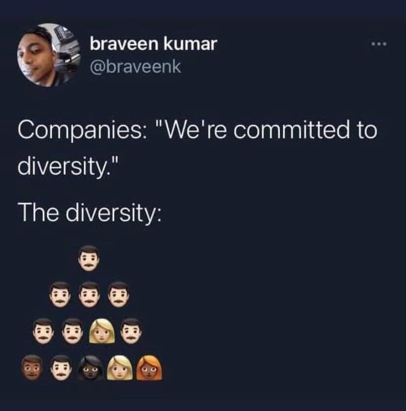 48HzLacy's tweet photo. This is a particularly dangerous and insidious problem because numerically “Almost 50% of our staff are female or BAME”. People aren’t an acronym, and however the metrics look - this is still a white male company. Please be aware that numbers don’t have ALL the answers https://t.co/36HtQCAMjO