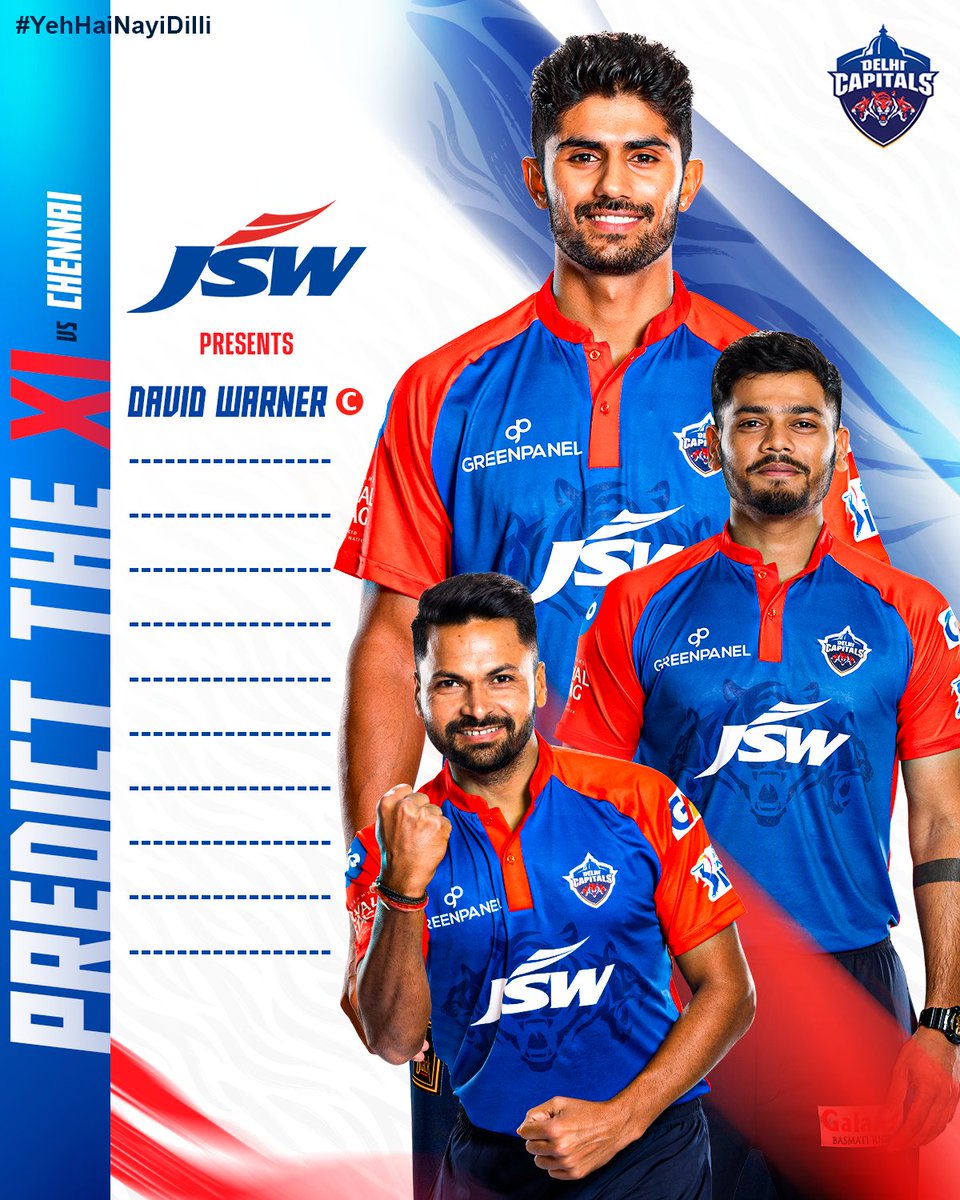 DelhiCapitals's tweet photo. Crucial matches call for important decisions 🧐📝

Tell us your Playing XI for #CSKvDC in the comments!

#YehHaiNayiDilli #IPL2023 @TheJSWGroup https://t.co/Remeecqtmu