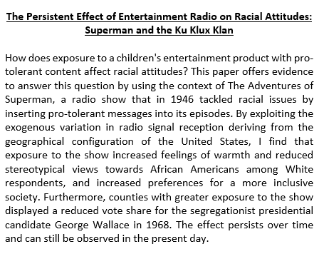 Giuseppe Musillo will lead today's #Wednesdayworkshop! He will present his paper "The Persistent Effect of Entertainment Radio on Racial Attitudes: Superman and the Ku Klux Klan" bit.ly/TiUEconWedWork… #effect #EntertainmentRadio #Racial #Attitudes #Superman #KuKluxKlan
