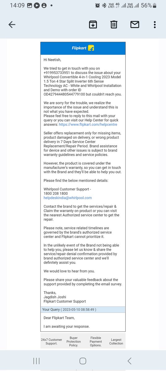 neetish2010's tweet photo. Dear @whirlpool_india as per @flipkartsupport the replacement of Defective needs to be taken care by Brand Whirlpool - in this case.
I am completely dissatisfied with the defective product &amp; pathetic service response.
Anyway, i will not stop  till i receive complete justice. https://t.co/NQjRpkLZIL