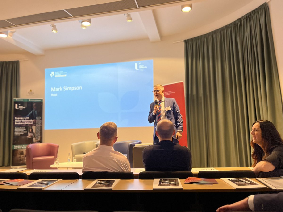 KDFROMKEADY's tweet photo. The ever professional @BBCMarkSimpson leads us off at @NIChamber Furure of Leadership event with Peter Russell @JennaMcCorkell and @jamesmcilroy800 https://t.co/J5Y8WVaiwn
