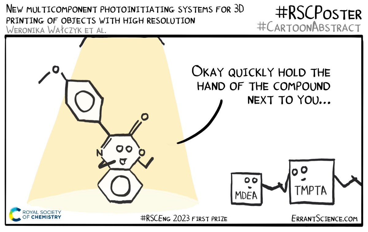 ErrantScience's tweet photo. Here’s an extra @RoySocChem cartoon we drew for #RSCPoster #RSCEng first prize winner @WeronikaWaczyk1, go look at their poster and ask them questions about photoinitiating systems https://t.co/z4td8f063Z