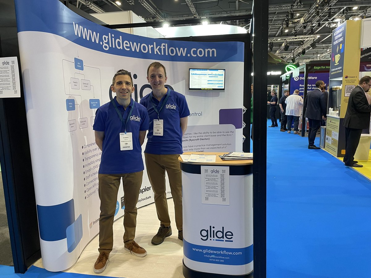 Good morning everyone! We’re here at  #Accountex London. Come visit us today to get a fantastic Accountex only deal, 20% off your first year’s Glide subscription.