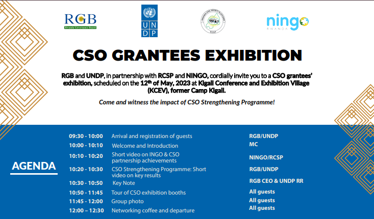 RCSPRwanda's tweet image. 🔜Join us at the CSO exhibition Event scheduled on 12th May 2023 at KCEV from 10am. CSOs will come together to showcase their achievements and initiatives. Check out the invitation card for more details!
#CSO4people #CSOWeek2023Rw