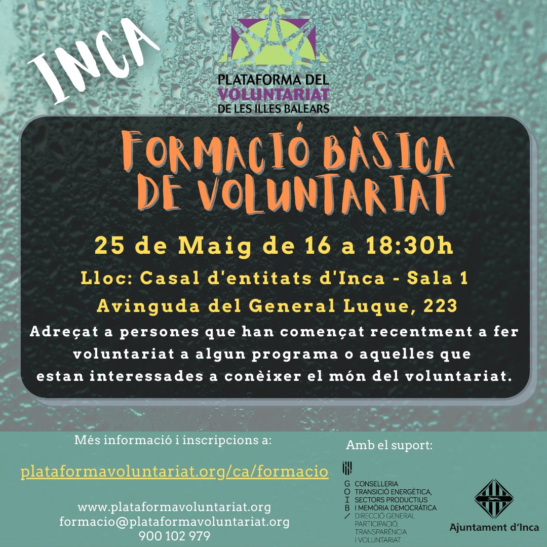 plavib's tweet photo. 📢Formació bàsica de voluntariat a Inca. 📢

📅El 25 Maig, apropa't al món del #voluntariat i les seves #entitats.
Lloc: Casal d'entitats d'Inca

➡️Inscripcions: link a bio

https://t.co/etipTHwHdn
#enllaçatalvoluntariat #transformant #formacio #PLAVIB https://t.co/VyT2jx9Mzs