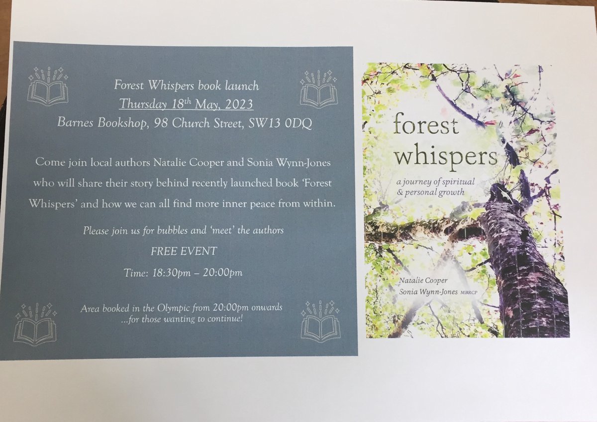 Come and join local authors Natalie Cooper and Sonia Wynn-Jones @peaceofminduk for the launch of their book Forest Whispers on 18th May 6.30pm @BookshopBarnes