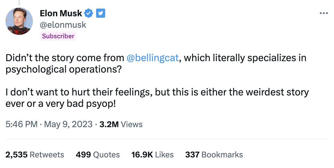 EliotHiggins's tweet photo. Elon Musk's tweet falsely stating Bellingcat "literally specialises in psychological operations" in response to our work on this topic has now reached 3.2 million views, with no community notes visible correcting his false claim. https://t.co/TEYd7sRL72