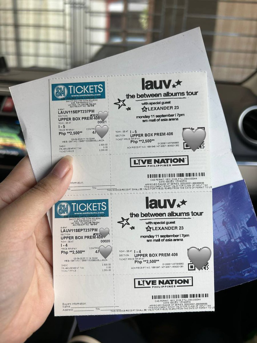 trispascual's tweet photo. #LauvInManila The Between Albums Tour 
‼️For Sale: 2 UPPERBOX PREMIUM TICKETS (UB406 I4 and I5)‼️

PHP 2,500.00

RFS: wanted to upgrade tix

wts / lfb https://t.co/xrJIrWXYkM