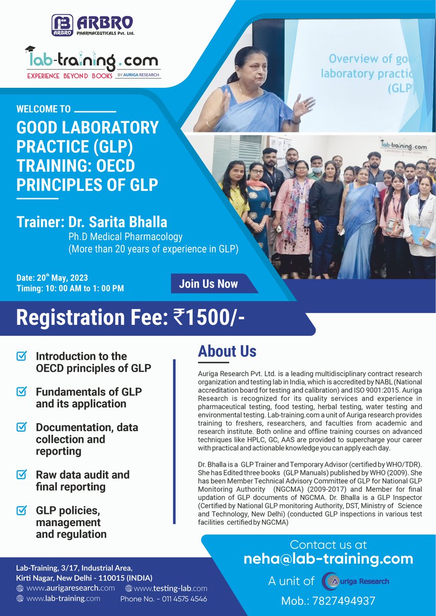 labtraining's tweet image. Good Laboratory Practice (GLP) Training : OECD Principles of GLP
Trainer : Dr. Sarita Bhalla
Ph.D Medical Pharmacology
(More than 20 years of experience in GLP)
Join her today and take your GLP training to the next level!

#labtraining #glptraining #laboratorytraining