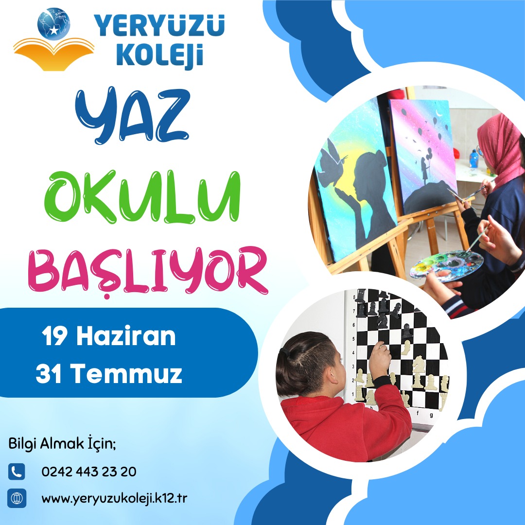 ✨YERYÜZÜ KOLEJİ’nde YAZ KURSU BAŞLIYOR 

🏁Hayallerine kavuşmak ve  yarışa önde başlamak istiyorsanız daha azı ile yetinmeyin, Yeryüzü Koleji ile tanışın.🏁

🌐 yeryuzukoleji.k12.tr
🗺 Yeşilbayır Mh. 5055 Sk. No: 32 Döşemealtı/Antalya
📲 0505 096 06 22
☎ 0242 443 23 20