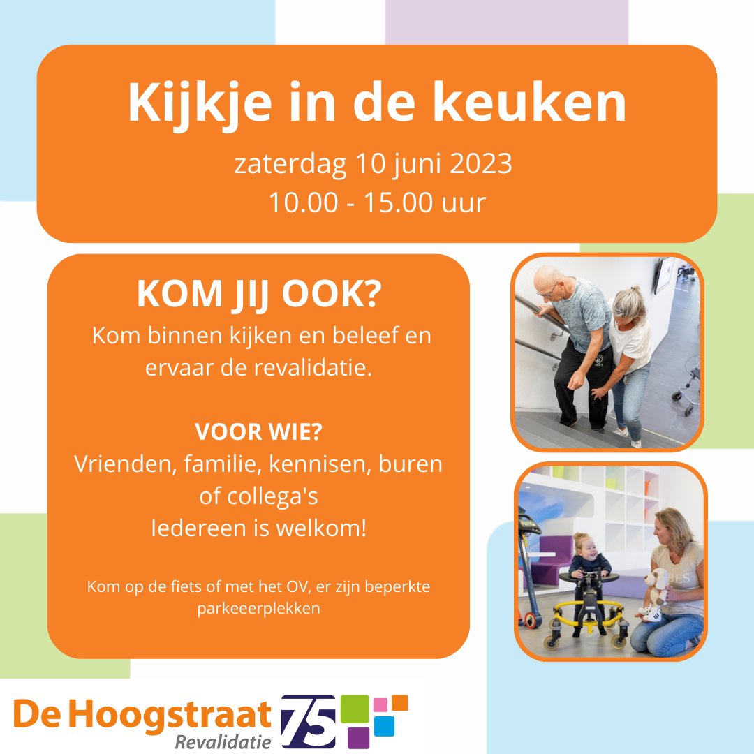 Op zaterdag 10 juni opent De Hoogstraat tussen 10:00 en 15:00 haar deuren. Kom binnen kijken en beleef en ervaar de #revalidatie. Nodig je vrienden en familie uit en hopelijk zien we jullie 10 juni! 
Meer info: dehoogstraat.nl/75-jaar/open-d… 

#opendag #samensterk #zorg #utrecht