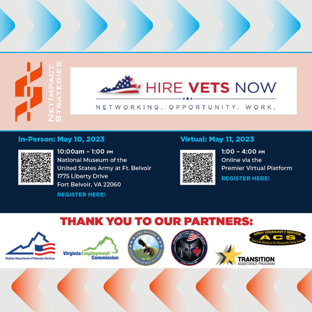 TODAY! Calling all #militarytransitioning members, #veterans, & #militaryspouses! Join NetImpact for a #careerfair w/ #NOVA’s top #militaryfriendly companies. Hosted by @FairfaxEDA & @VAChamber's #HireVetsNow in partnership w/ @Fort_Belvoir. Register: workinnorthernvirginia.com/career-fairs/