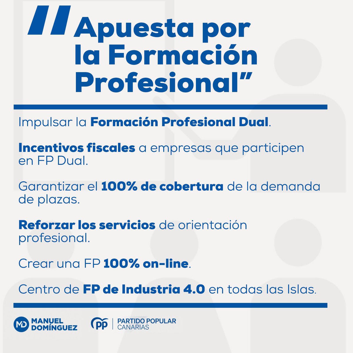 Seis puntos claros que resumen el impulso que quiero darle a la Formación Profesional en Canarias 💪🏻

#ManuelDomínguezPresidente #Confianza #PPdeCanarias #CanariasEntreTodos #formación #elecciones #mayo #FP #formaciónprofesional #educación