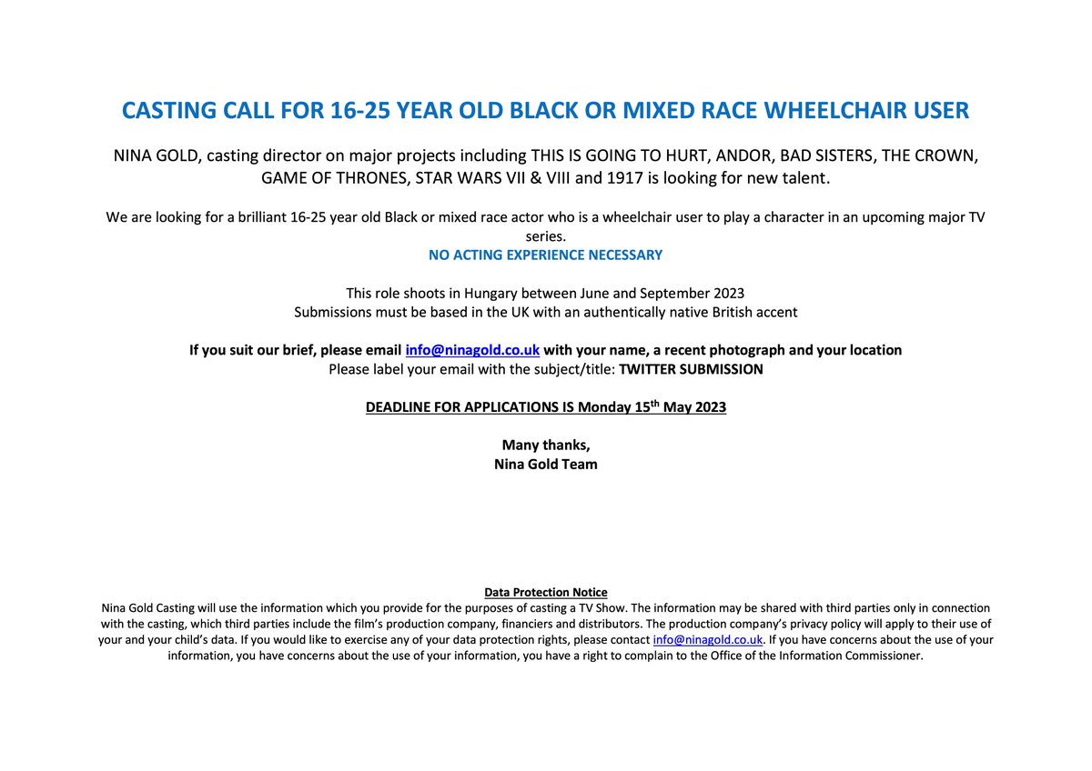 📺CASTING CALL📺 We are looking for a 16-25 year old Black or mixed race wheelchair user for a role in a major TV series! See image below for details.