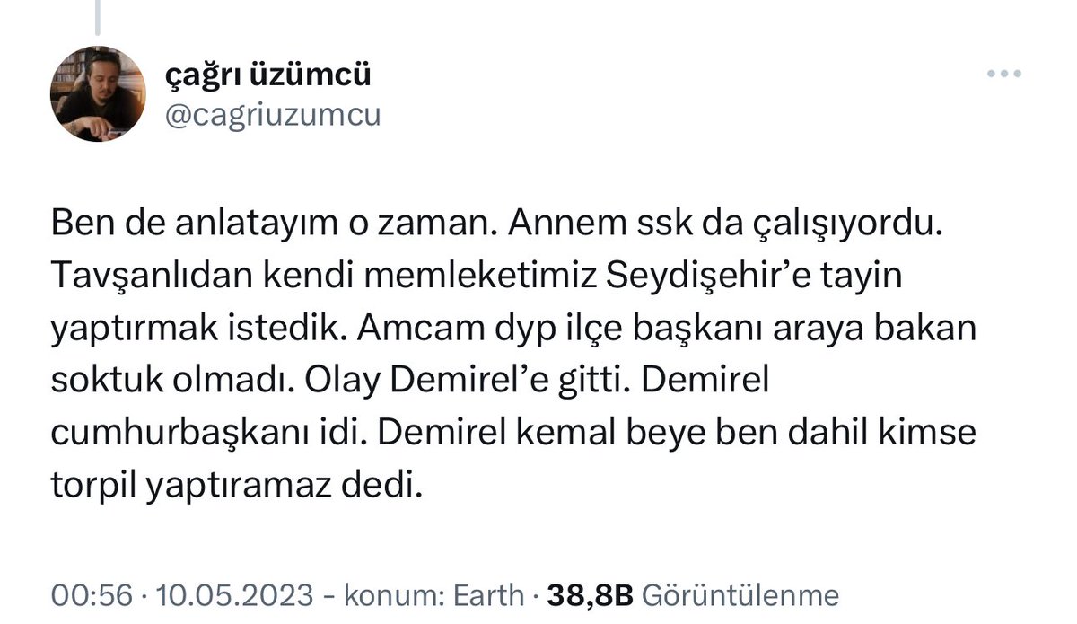 Bir vatandaş, Süleyman Demirel'in Kemal Kılıçdaroğlu hakkında konuştuğu hikayeyi anlattı: 

"Annem SSK'da çalışıyordu. Tayin yaptırmak istedik. Olay, dönemin Cumhurbaşkanı Süleyman Demirel'e kadar gitti. Demirel, 'Kemal beye ben dahil kimse torpil yaptıramaz' dedi."