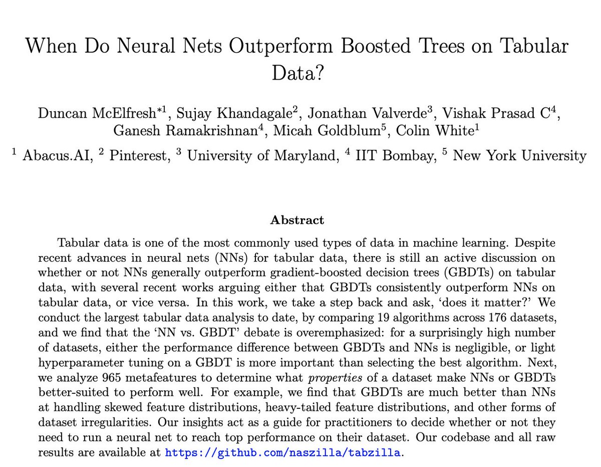 vdmbrsv's tweet image. A new paper asks &apos;When Do Neural Nets Outperform Boosted Trees on Tabular Data?&apos; The study compares 19 ML &amp;amp; DL algorithms across 176 datasets, offering insightful findings. Interesting read!

arxiv.org/abs/2305.02997

#tabulardata #deeplearning