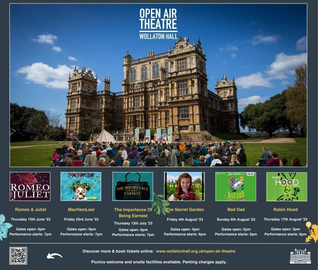 We're thinking about our newest Open Air Theatre just around the corner! 👀🙌 💘 Romeo & Juliet 💀 MacHamLear 💼 The Importance of Being Earnest 🌸 The Secret Garden 🚗 Bad Dad (David Walliams) 🏹 Robin Hood 🎟️ Discover: wollatonhall.org.uk/whats-on/open-… ✨🎭 @VisitNotts @MyNottingham