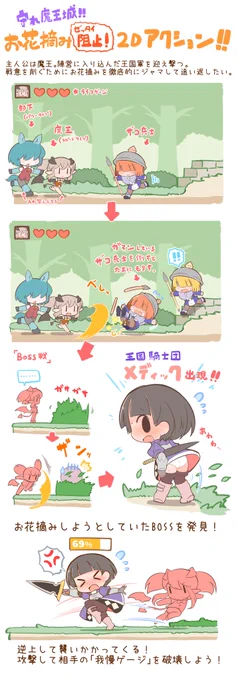 これはいつか作りたいと思っている、主人公の魔王が攻め入ってくる人間のお花摘みをジャマしまくって追い返してゆく2D横スクロールアクションゲーム。アクションゲームツクールMVはもう買いました。ドット打つのは好き。作る時間はありませぬ。