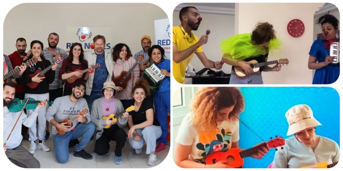 RednosesPS's tweet photo. Three  of our #healthcareclowns participated in the #music #workshop in #Jordan. 
 It focused on team bonding, #exercises to play the #Ukulele and some other percussion instruments, learn methods to improvise music and form a good musical team.
The workshop was funded by #DROSOS. https://t.co/YG7kLsMD97