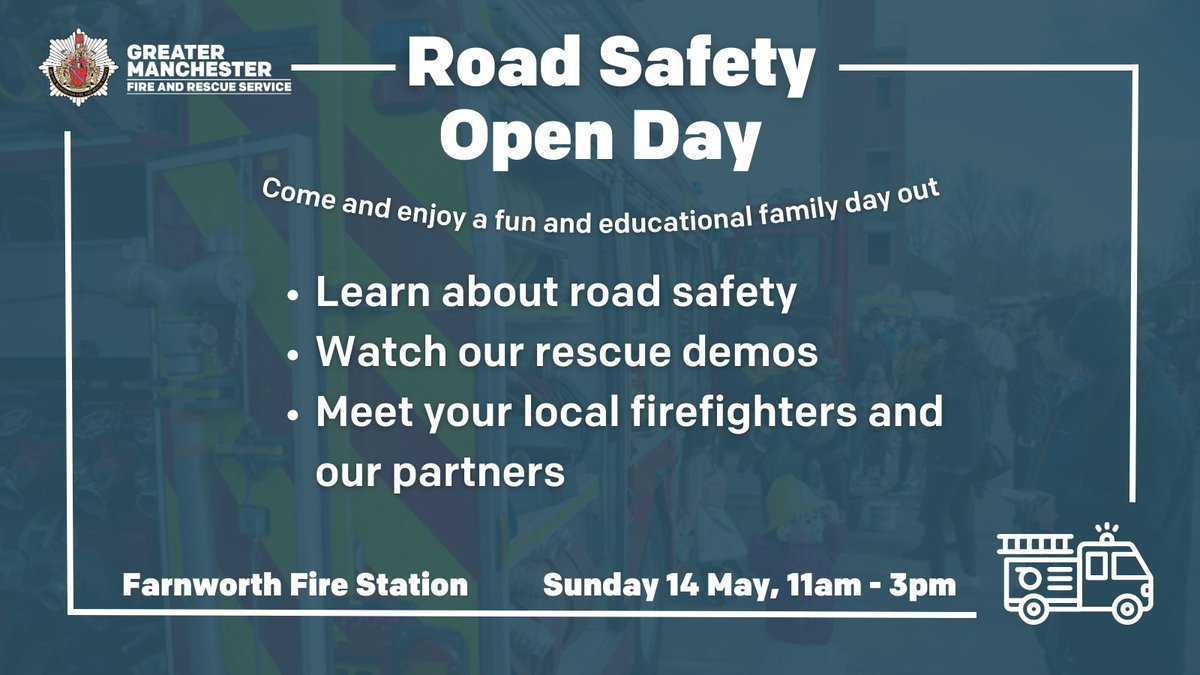 📣Farnworth Fire Station open day this weekend📣 Come along to our open day to learn more about road safety and watch our rescue demos! 🗓️Sunday 14 May 🕚11am-3pm