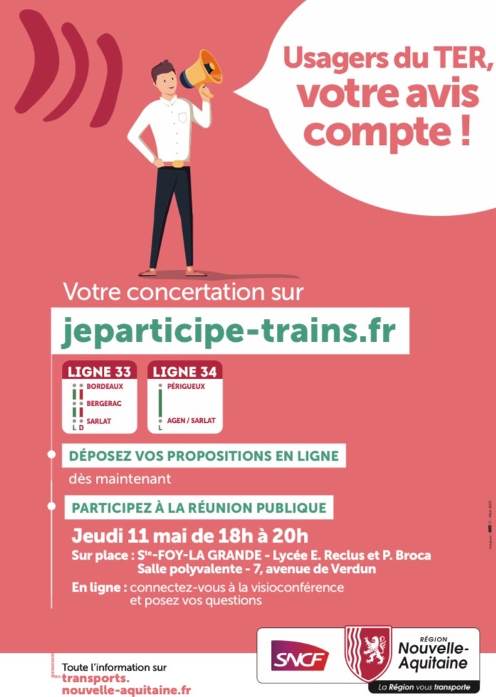 Lignes <a href="/TERNouvelleAQ/">SNCF Voyageurs TER NOUVELLE-AQUITAINE</a> 
3⃣3⃣ #Bordeaux ➡️ #Bergerac ➡️#Sarlat
3⃣4⃣ #Périgueux ➡️#Agen

✅pour suivre l'actualité de votre ligne
✅pour donner votre avis
✅pour poser vos questions

RDV demain à 18h à Ste Foy la Grande ou à distance ici 👇
participez.nouvelle-aquitaine.fr/processes/CL06…