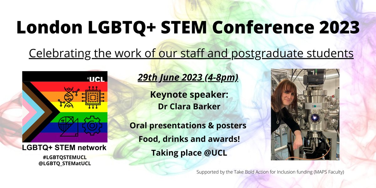 London LGBTQ+ STEM Conference 2023 Call for abstracts Wanna present your work to a queer audience? Submit an abstract for talk/poster here forms.office.com/Pages/Response… Just want to attend? Register for free here eventbrite.co.uk/e/london-lgbtq… Keynote speaker: legend @ClaraMBarker ❤️