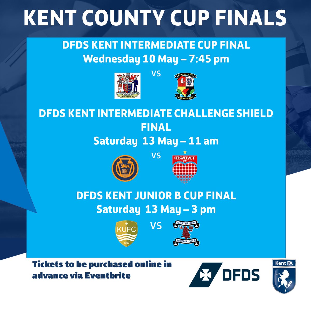 KentFA's tweet image. KENT COUNTY CUP FINAL🏆 

Onto the next Kent County Cup finals at the Total Power Stadium and Gallagher Stadium.    

A huge thank you to our partners, @dfds_uk for their continued support of the game.👏

📲Buy your tickets in advance here bit.ly/3l6NBhr