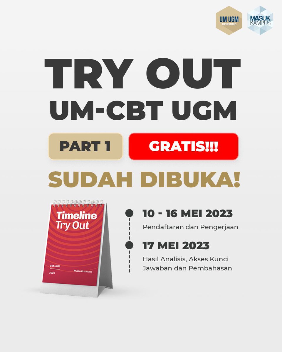masukkampus's tweet photo. Kamu Calon Gamada?🤗
Siap2 dari sekarang yuk, karena 12 hari lagi kamu bisa daftar Ujian Mandiri UGM nih!

Ada TO keren yang siap nemenin kamu belajar😊. GRATISSS!!!

Info lengkap: 
https://t.co/2mYvHPqfOz

Daftar: https://t.co/SWut0PGc20

#umugm #camabaugm #umugm2023 #ugm #utbk https://t.co/ysFJfEHy7R
