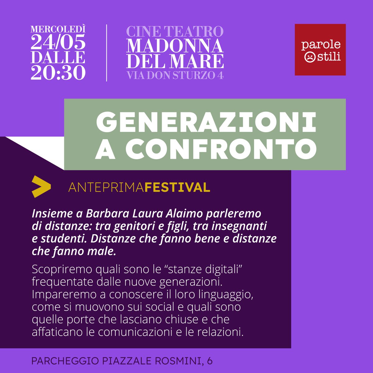 "Generazioni a confronto" è l'evento di anteprima del Festival della comunicazione non ostile, con <a href="/BaStraNo/">Barbara Laura Alaimo</a>
📅Mercoledì 24 maggio dalle ore 20:30, al Cine Teatro Madonna del Mare a Trieste!
Prenota il tuo posto gratuito: eventbrite.it/e/632710603447
