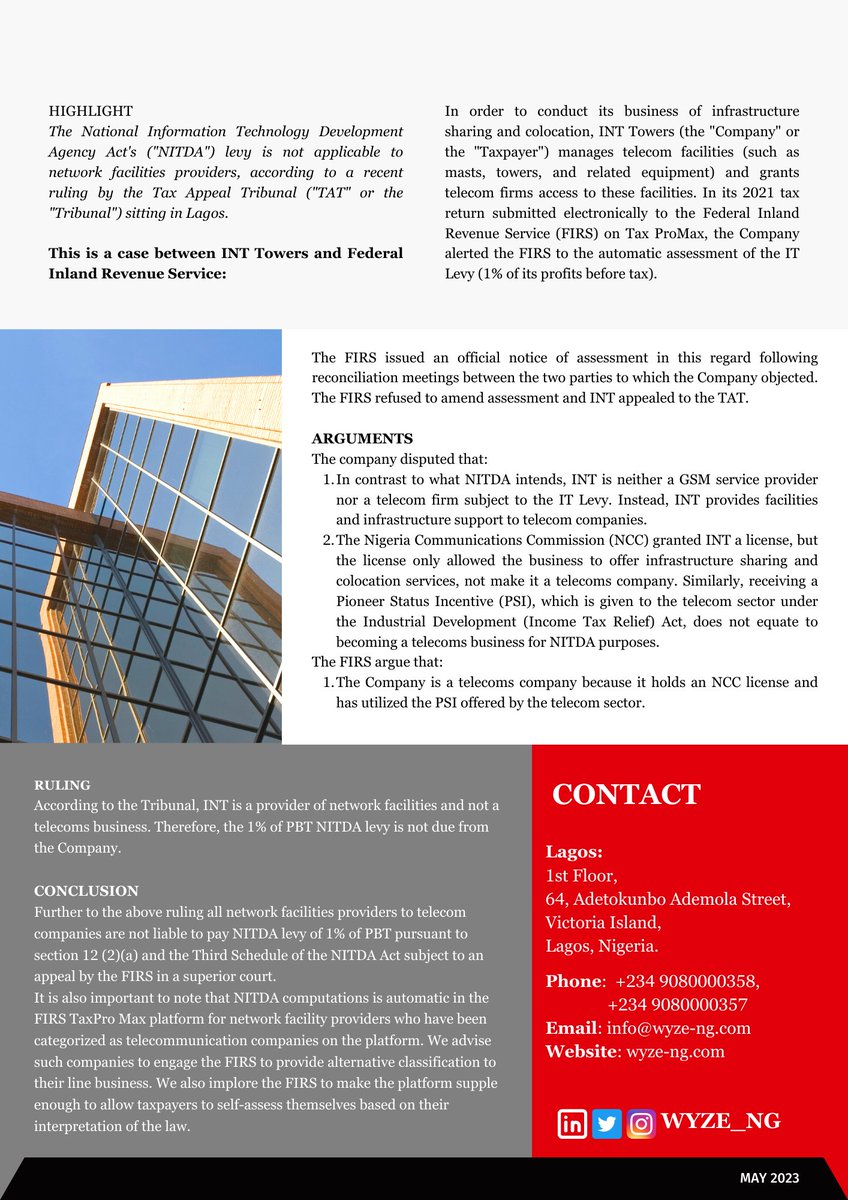 TAX APPEAL TRIBUNAL (TAT) DECIDES THAT PROVIDERS OF NETWORK FACILITIES ARE EXEMPTED FROM THE INFORMATION TECHNOLOGY (IT) LEVY. #informationtechnology #network #tax #WYZE 
Click the link to read more wyze-ng.com/wp-content/upl…