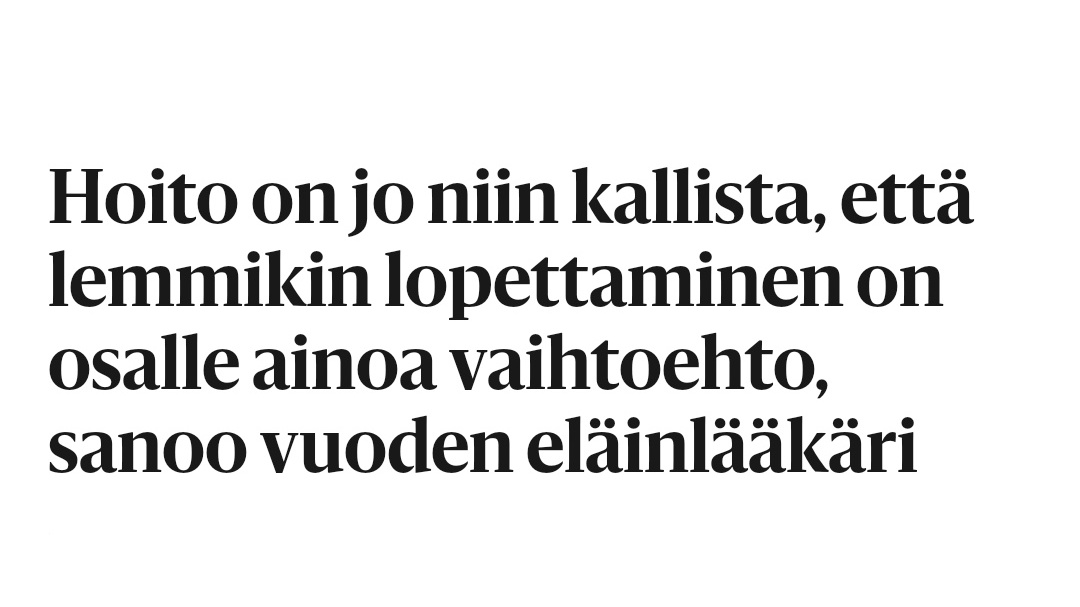 Ihmisten terveydenhoidon alv on 0%. Eläinten terveydenhoidon alv on 24%.

Eläinlääkärikulujen nousu on johtanut siihen, että hoidettavissa olevia eläimiä lopetetaan. Vero on hinnasta neljäsosa. 

Eläinten terveydenhoito ei ole vähempiarvoista kuin ihmisten. Vero on saatava alas.