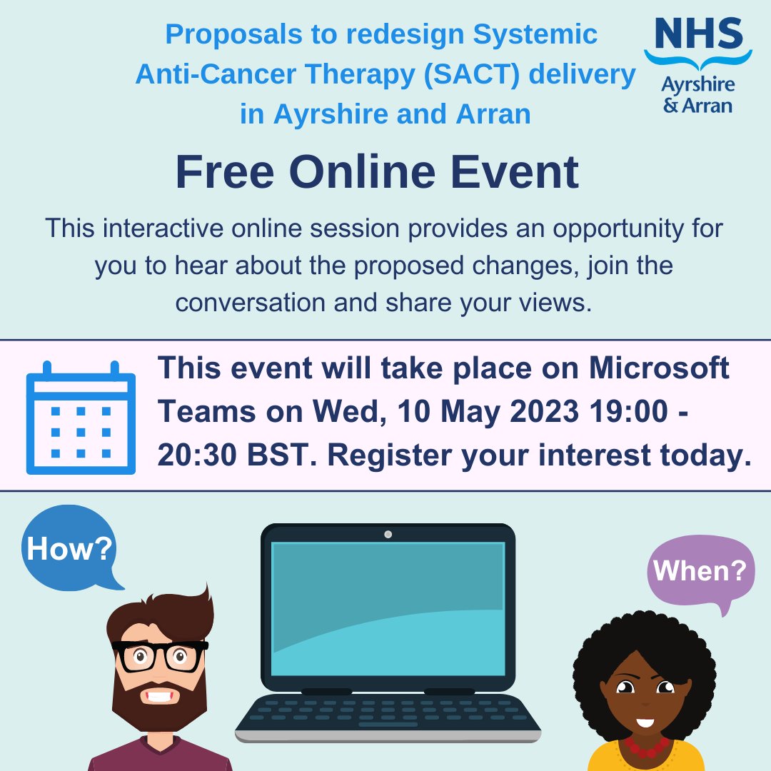Our FREE online Systemic Anti-Cancer Therapy (SACT) Services event takes place this evening between 7pm and 8.30pm. To register, visit eventbrite.co.uk/e/systemic-ant… We look forward to seeing you there! @NAHSCP @eahscp @sahscp @VASouthAyrshire @CVOEastAyrshire @ayrshirecancer