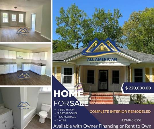 Be in the heart of downtown Chattanooga w/ this 4BD/3BA Home. The Interior has been completely renovated w/ new flooring, kitchen/bathroom cabinetry, plumbing, drywall, water heater, roof, &amp; HVAC system.  $229,000. Call us at 423-840-8559 or at allamericanhousingproviders.com