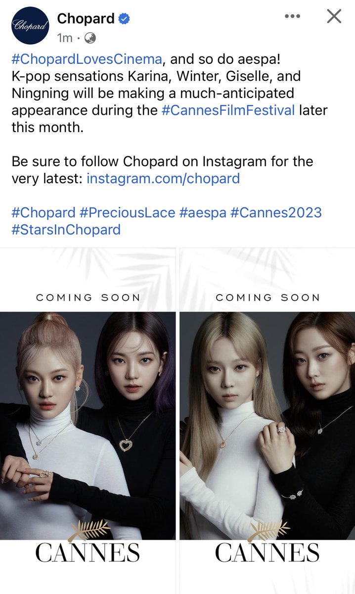 4untds's tweet photo. #ChopardLovesCinema, and so do aespa!
K-pop sensations Karina, Winter, Giselle, and Ningning will be making a much-anticipated appearance during the #CannesFilmFestival later this month.
#Chopard #PreciousLace #aespa #Cannes2023 #StarsInChopard https://t.co/vPBAL1wrP1