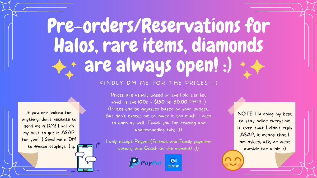 Pre-orders/Reservations for Halos, rare items, and rhd for paypal or gcash are now open! :)) ♡ Dm me!

#royalehightrades #royalehightrade #royalehightrading #royalehightradings #royalehighoffers #royalehigh #royalehighhalos #RoyaleHighHalo #royalehighdiamonds #royalehighselling