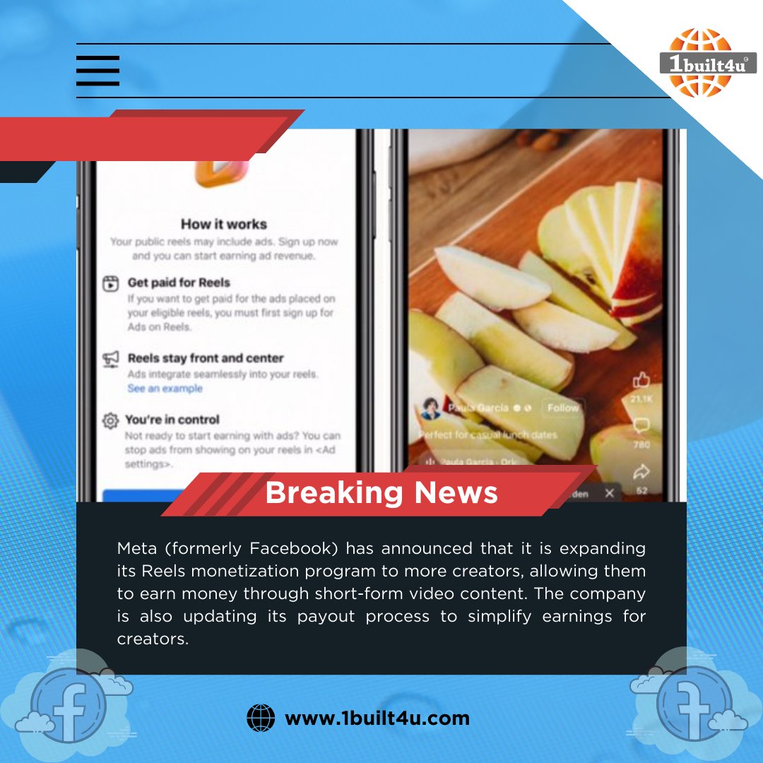 1built4udotcom's tweet photo. Meta Expands Reels Monetization to More Creators, Updates Payout Process

#1built4u
#1built4udotcom 
#Meta 
#ReelsMonetization 
#ShortFormContent 
#SocialMedia 
#CreatorEarnings 
#OnlineVideo 
#ContentCreation 
#MonetizationUpdate 
#SocialMediaNews 
#VideoCreators https://t.co/ydMCTHUO4n