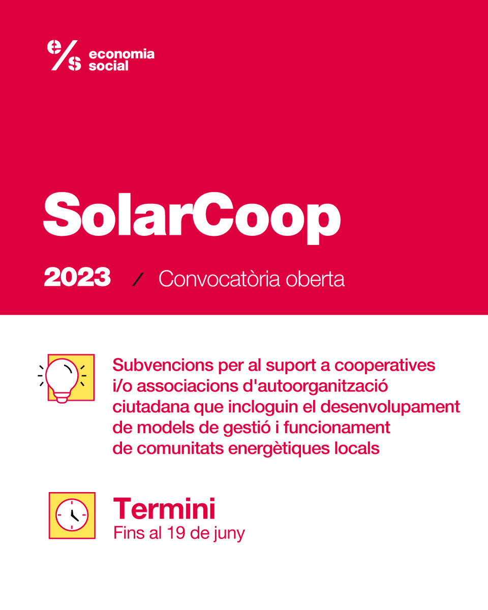 econ_socialcat's tweet photo. ☀️ SolarCoop

📝 Fins al 19/6 es poden sol·licitar les subvencions per al suport a cooperatives i/o associacions d'autoorganització ciutadana que incloguin el desenvolupament de models de gestió i funcionament de comunitats energètiques 

📲Més informació

https://t.co/2f19KThRq4 https://t.co/YvfY4hY59i