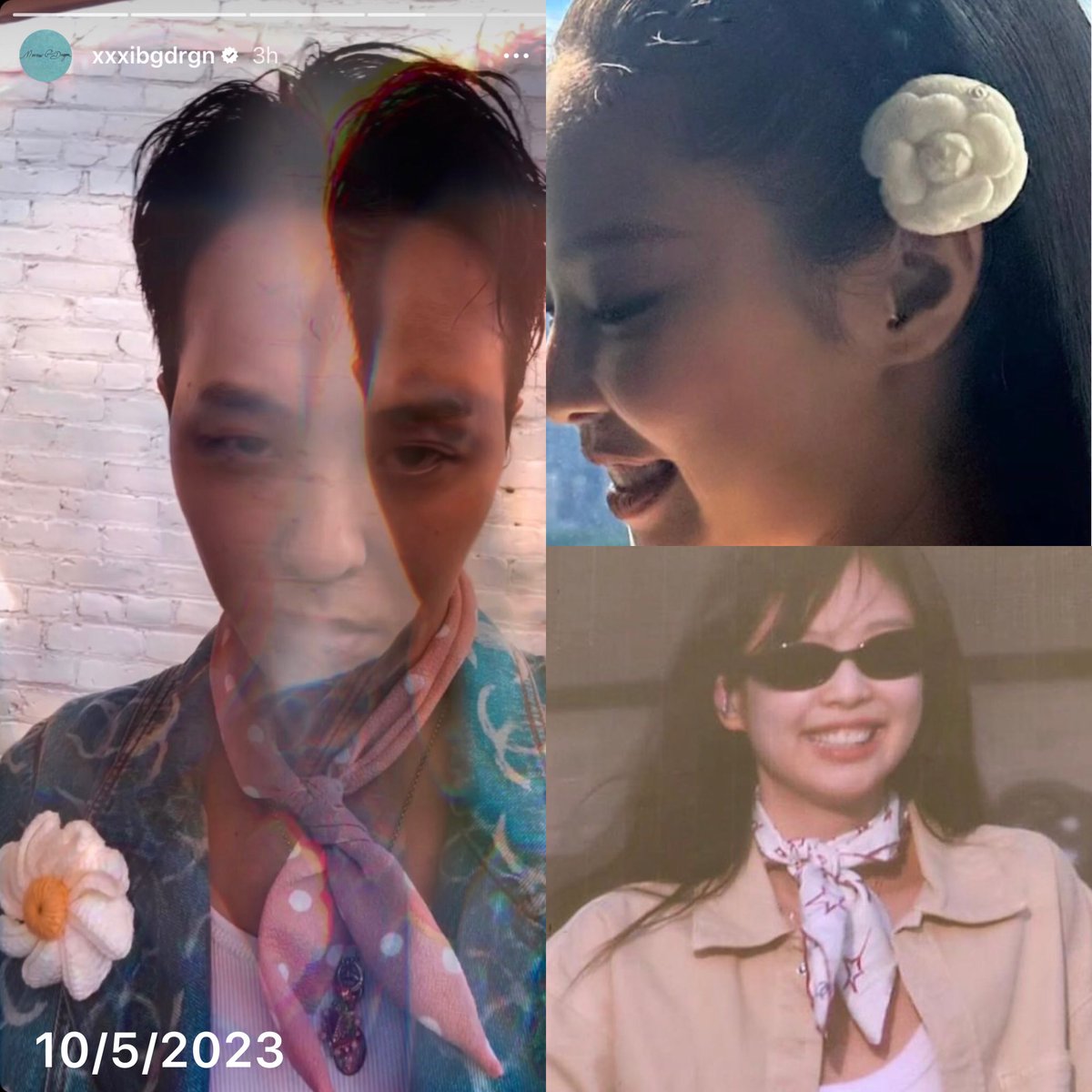 GDJENGDX's tweet photo. gd always wears flowers and scarves these days🤭I wonder why? :) and the necklace gdragon wears today looks like jennie's necklace. Are the chains the same? #jendragonisreal #taennieisfake #jendragonreal #taenniefake #blackpink #jenniekim #jiyong #theidol #jennierubyjane #ninigd https://t.co/bkeBI3ZX7k