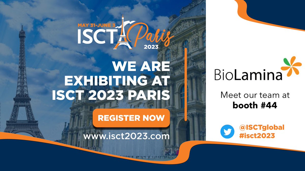 biolamina's tweet photo. Only 3 weeks to go until @ISCTglobal in Paris!
Be sure to meet us at booth #44. We will help you revolutionize #cellculture !
Learn more about what we planned ➡️https://t.co/pYrGWs7TVd
Our page will be regularly updated.
#celltherapy #BioLamina #Biolaminin #ISCT2023 https://t.co/9C8Cb9evsJ