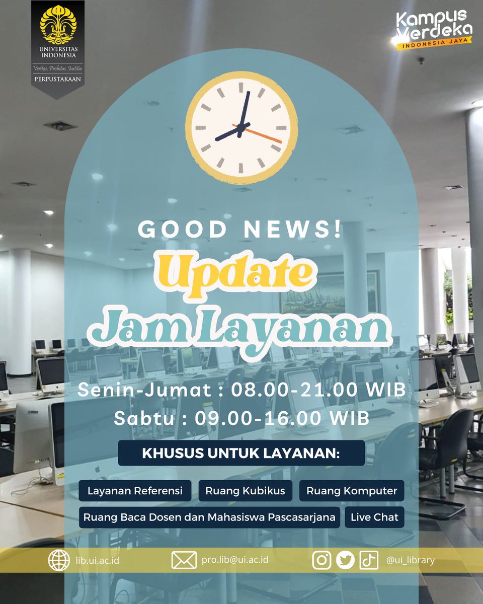 UI_library's tweet photo. Good news, Libtizen! 

Khusus layanan referensi, ruang kubikus, ruang komputer, ruang baca dosen &amp; mahasiswa pascasarjana, serta live chat, kini buka lebih lama!

Jangan lewatkan kesempatan untuk memanfaatkan waktu lebih lama di Perpustakaan UI, ya!

#uilibupdate
#uilibinfo https://t.co/38qcohBk8m