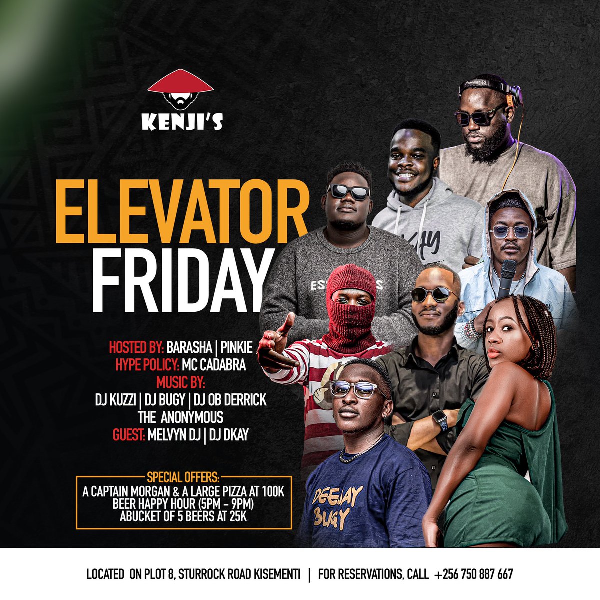 melvyndeejay's tweet photo. Time to elevate with my people this Friday at Kenji’s alongside my brothers @deejaykuzzi @deejay_DKAY @deejaybugy @CadabraMcee1 

Hosted by; @Mr_Barasha &amp; Pinkie

Let’s get ready to parte. 
#ElevatorFriday https://t.co/0HMHpsp6xC